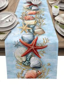 Summer Ocean Beach Starfish Shell Coral Table Runner Dresser Scarves Table Decor Farmhouse Kitchen Dining Table Runner Holiday Party Decor - Multicolor - View 2