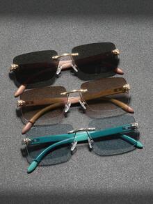 1 Pair Men's Rectangular Frameless Wooden Grain Temples Fashion Glasses, Business Casual Classic Versatile Fashion, Suitable For Beach & Holiday