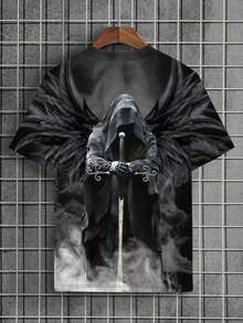 男士万圣节死亡骷髅印花圆领休闲T恤 - 黑色 - 查看 4