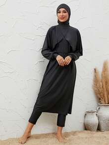 Women's Modest Swimwear Black Round Neck Long Sleeve Burkinis With High Waist Bottom And High Stretch Fabric - Black - View 6