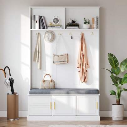 Wardrobe Set With Bench And Shoe Rack, Multifunctional Storage Bench With 3 Hanging Hooks And Open Storage Space, Rectangular Wardrobe With Shelves For Hallway, White, H190/W120/D40