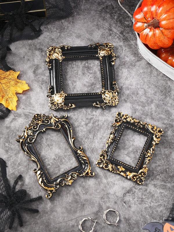 1pc Resin Oval Shaped Vintage Floral Pattern Black Photo Frame Prop, Suitable For Photography, Miniature House Decor, Halloween Decoration