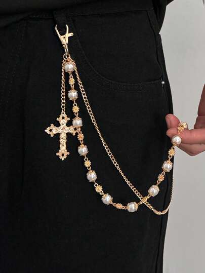 1 件波西米亚多层几何链，人造珍珠串珠十字流苏吊坠身体链，嘻哈时尚，街头风格，休闲，派对，男女通用珠宝腰链礼物