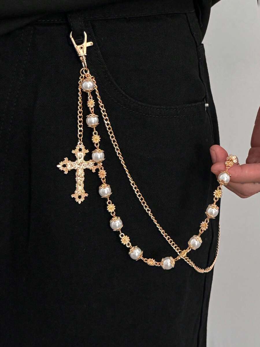 1 件波西米亚多层几何链，人造珍珠串珠十字流苏吊坠身体链，嘻哈时尚，街头风格，休闲，派对，男女通用珠宝腰链礼物 - 褲鏈 - 查看 1