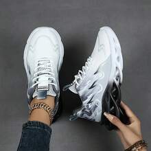 轻便休闲运动女式软底减震跑步鞋，系带前双色网眼厚底运动鞋，男女通用 - 黑與白 - 查看 6