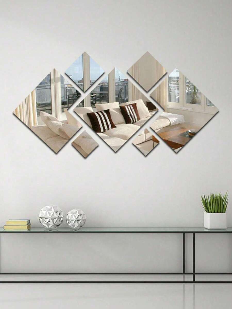 7pcs Diamond Shaped Combination Mirror Wall Sticker, Small/Medium/Large Sizes - Multicolor - View 1