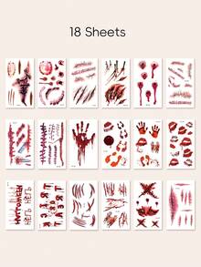 Halloween Zombie Fake Injury Tattoo Stickers 18 Sheets, Bloody Stitched Scar Blood Drip Face Body Tattoos For Horror Cosplay Party Makeup - Multicolor - View 2
