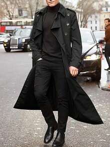 Men's  Daily Fashionable Casual Mid-Length Trench Coat, Street Style, Autumn/Winter, For Friends, Husband, Boyfriend Gifts - 黑色 - 查看 4