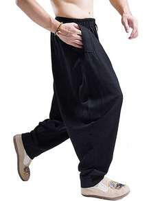 Men's Cotton Harem Pants Casual Loose Hippie Drop Crotch Trouser-20256688 - 黑色 - 查看 4