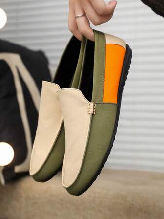 Men's Fashionable Solid Color Casual Fabric Metal Buckle Slip-On Loafers, Suitable For Spring, Summer, Autumn