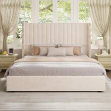 Lift Up Storage Bed Frame Queen/King Size, Velvet Upholstered Platform Bed With Channel Tufted Wingback Headboard, Modern Bedroom Furniture Design, No Box Spring Needed, Cream - Cream - View 6