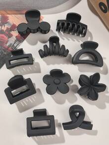 10个/套 哑光棕色纯色简约花朵波浪半圆方形交叉可爱小发夹 秋冬发夹 女士度假装扮发饰 女士优雅发饰 夏季 - 黑色 - 查看 7