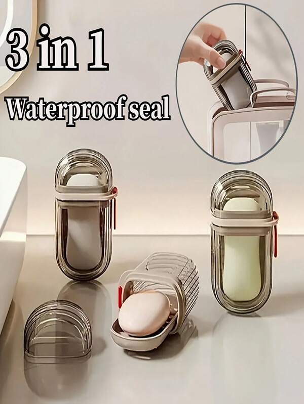 1 pieza Plato de jabón de lujo para viajes, diseño 3 en 1 con drenaje y oreja colgante, función a prueba de fugas, artículo de higiene portátil, accesorio de viaje