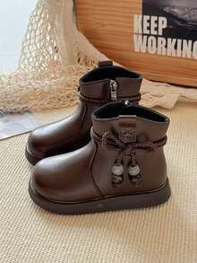 女童靴，新款秋冬时尚蝴蝶结优雅百搭软皮轻便儿童踝靴，幼儿/小童/大童软底防滑皮靴 - 棕色 - 查看 3