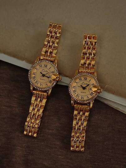 A New French Retro Gold Small Dial Quartz Women's Watch Set With Sparkling Rhinestones, Paired With A Stainless Steel Strap, Elegant And Stylish, Exquisite And Compact, Suitable For Daily Wear, Dinners And Other Occasions, Embellishing Your Wrist.