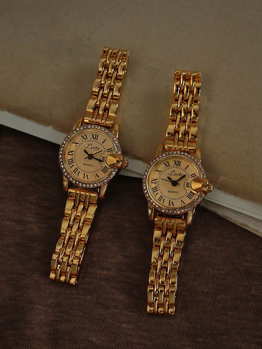 A New French Retro Gold Small Dial Quartz Women's Watch Set With Sparkling Rhinestones, Paired With A Stainless Steel Strap, Elegant And Stylish, Exquisite And Compact, Suitable For Daily Wear, Dinners And Other Occasions, Embellishing Your Wrist. - Gold - View 1