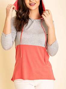 Black White Pink Mint Color Block 3/4 Sleeve Top Shirt Blouse | S-3X - 珊瑚 - 查看 2