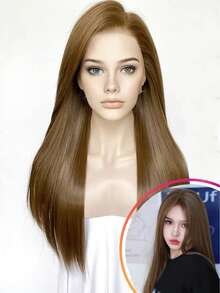 websterwigs 13x4 长直 26 英寸棕色蕾丝前假发，蕾丝前合成假发，带预拔发际线，耐热纤维发丝，丝滑直发假发，适合女性、角色扮演、派对、日常使用 - 彩色 - 查看 3