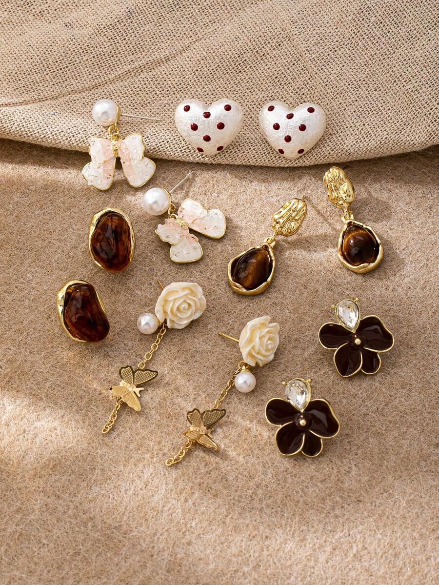 1 Pair Elegant Pearl Accent Heart Stud Earring, Camellia Flower Dangle Earring, Fall Winter Season Brown Color Earrings Jewelry For Everyday Wear And Gift Giving