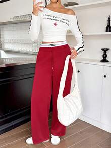 女式红色阔腿运动裤 - 高腰抽绳宽松休闲裤，秋冬休闲慢跑裤，柔软舒适的运动健身裤，街头时尚 Y2K 工作办公室套装，舒适假日保暖下装 - 紅色 - 查看 1