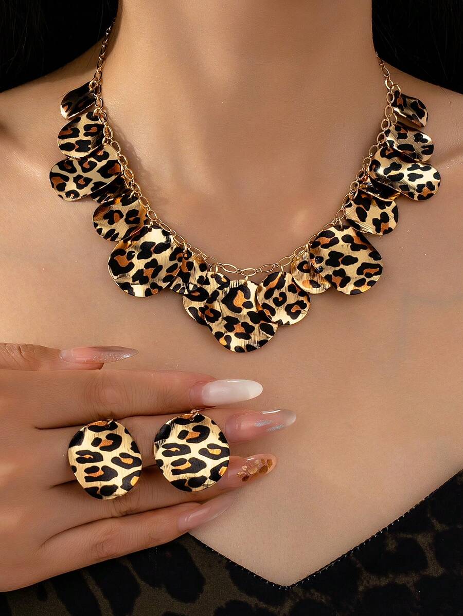 Conjunto de 3 piezas de collar con colgante de disco con estampado de leopardo y aretes colgantes, collar y aretes de declaración de otoño, joyería para mujer para uso diario