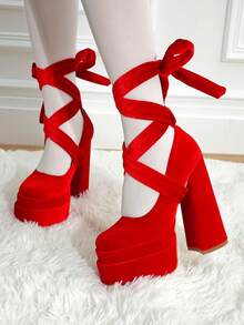 Platform High Heels For Women Goth Sexy Bow Chunky Heel Mary Janes Dressy Ankle Strap Round Closed Toe Y2K Shoes Elegant Outfits Valentine's Day - Đỏ - Xem 5