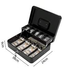 1PC Metal Cash Box With Key Lock, Note And Coin Safe Box, Portable Large Double Layer Cash Box With Fixed Coin Tray And 2 Keys, Money Tin Black.