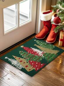 1PC Christmas Mat Green Background Christmas Tree Forest Pattern Mat Multicolor Xmas Tree Printed Door Mat Holiday Decor Entrance Floor Mat Non Slip Wear Resistant Home Door Mat Christmas Theme Home Decoration-Thickness 1cm