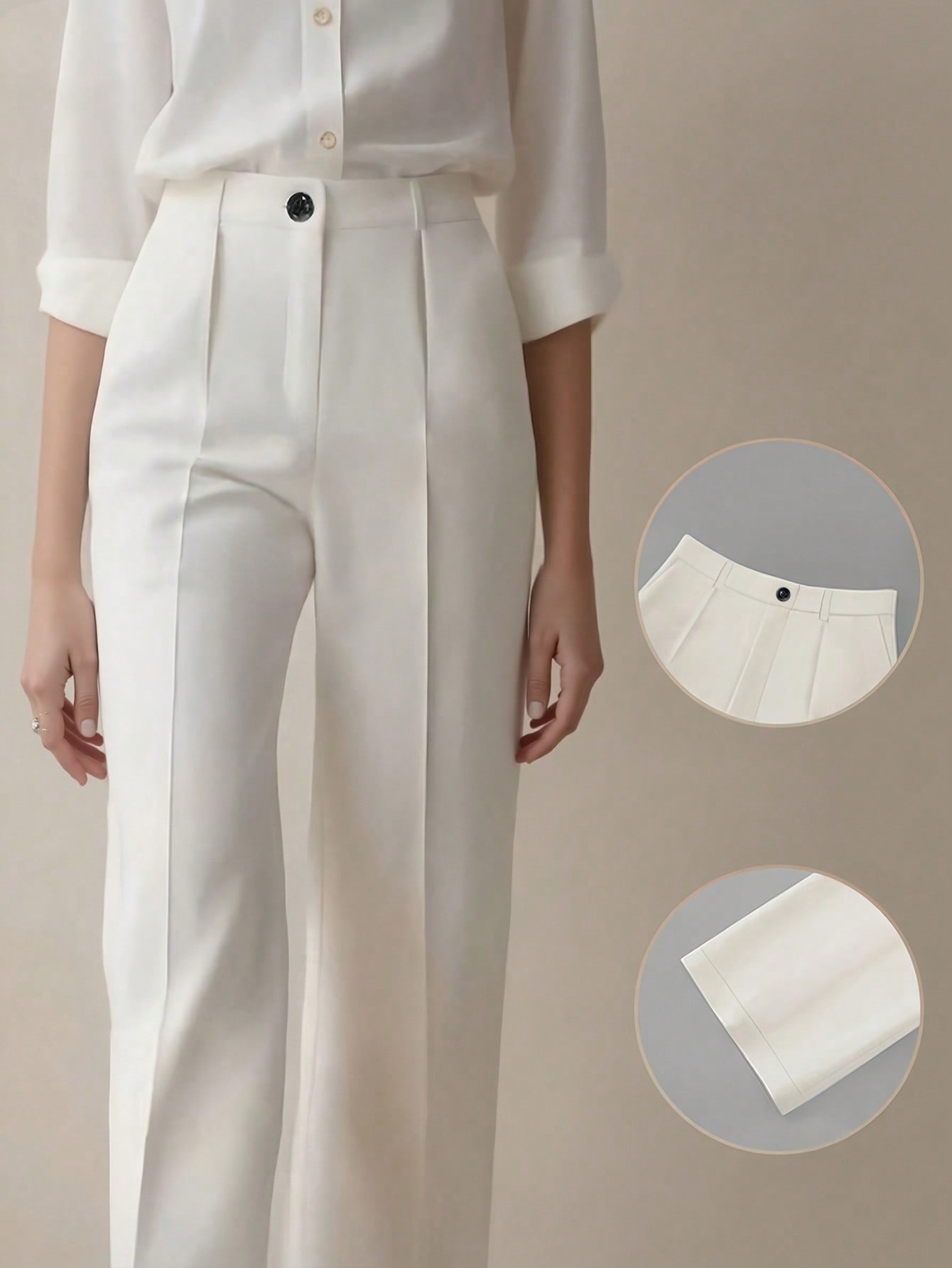 بنطلون نسائي ذو خصر عالي مطوي وفضفاض، مناسب للعمل...