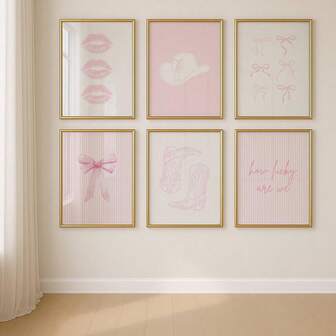 1/6 pezzi cartellone da parete stile western cowgirl rodeo senza cornice, con labbra, fiocco, stivali, stile preppy, arte su tela minimalista, decorazione da camera da letto, soggiorno, camera da letto, decorazione moderna per la casa