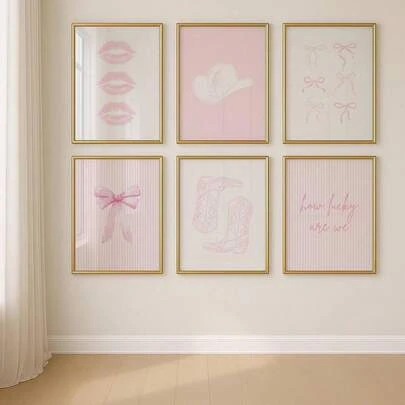 1/6 piezas Póster de vaquera del oeste rosa sin marco Labios Arco Botas Arte de pared de lienzo estilo minimalista y moderno para decoración de habitación, sala de estar, dormitorio, hogar
