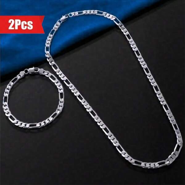 Conjunto de collar y pulsera de plata de ley 925 con cadena de eslabones en espiga para hombre - Conjunto de joyas elegantes y de moda para fiesta de estilo hip hop