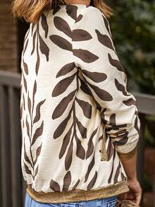 女式印花棒球夹克，带口袋，休闲度假舒适箔拼接飞行员夹克，春秋