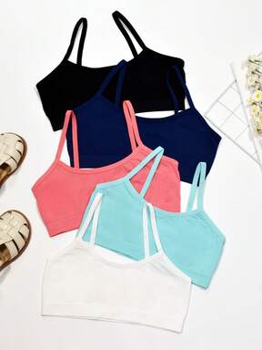 5ชิ้น/ชุด เสื้อกล้ามแฟชั่นสีพื้นเรียบง่ายน่ารักสำหรับเด็กผู้หญิง, บราสปอร์ตไร้สายเนื้อนุ่มใส่สบายไร้รอยต่อเหมาะสำหรับวัยรุ่นและนักเรียน