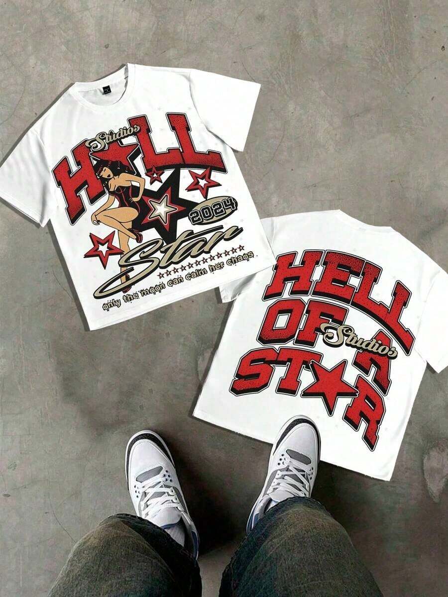 1PCS Summer Tops, Y2K Swag Tee, Retro Pin-Up H0ll Of A Tee - Double-Sided Graphic Streetwear American Vintage Street Style Lovers, Spring/Summer/Fall Men Clothes, Regular Fit Shirt, & Halloween & Thanksgiving Day & Valentine's Day & & Father's Day & Easter & Mother's Day & New Year & Spring Festival, Men's Round Neck Printed Short Sleeve Casual Everyday-Shirt, They Are Excellent Gifts Friends And Family,% Cotton-Shirts Feature, A Youthful And Fashionable Design, Graphic Tees Men, Graphic Tees Women, Cachorro Feliz, Back To School - 白色 - 查看 1