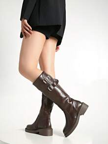粗跟方头纯色弹力修身过膝长靴/中筒靴，秋季、冬季、派对必备 - 棕色 - 查看 8