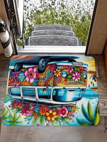 1pc New Summer Camping Van Theme Doormat, Suitable For Living Room, Bedroom, Indoor - Machine Washable - Flannel Material, Delicate Wrap, Skin-Friendly, No Pilling, Water-Resistant Easy Care, Odorless - Ideal For Home Decor, Room Decor, Living Room Carpet, Bedroom Carpet, Bathroom Carpet, Kitchen Carpet, Area Rug, Hotel Decor - Area Rug, All Season Use.