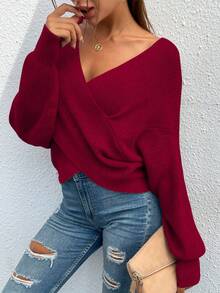 Women's Sexy Sweater V Neck Off Shoulder Long Sleeve Cross Wrapped Front Knit Sweater Fall Autumn Winter Street Party Club Night Out Valentine Top Outfits - 酒紅色 - 查看 5