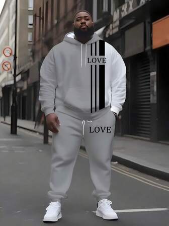 Plus Size Tall Men's Colorblock Striped Print Set, Luxury Fashion Design Contrast Color, Printed "LOVE" Text, Winter Tracksuit Promotion, Drawstring Hoodie Sweatshirt Set, Fashionable Comfortable Loose Fit, Suitable For Spring, Autumn And Winter