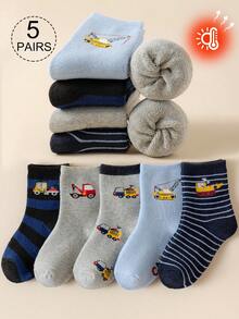 5 đôi tất cổ cao cho bé trai, hình xe hơi hoạt hình, máy xúc, cần cẩu, họa tiết sọc, lớp lót nhung, thích hợp mặc hàng ngày, làm quà tặng, dễ thương, thời trang, đơn giản, thích hợp cho học sinh, ấm áp, mùa thu/đông - Nhiều màu - Xem 12