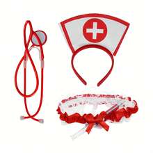 Sexy Nurse Cross Headband Stethoscope Medical Costume Set, Halloween Cosplay Party Single's Ball Outfit Accessories, Novelty Makeup Props, Basic Fashion Elegant Set