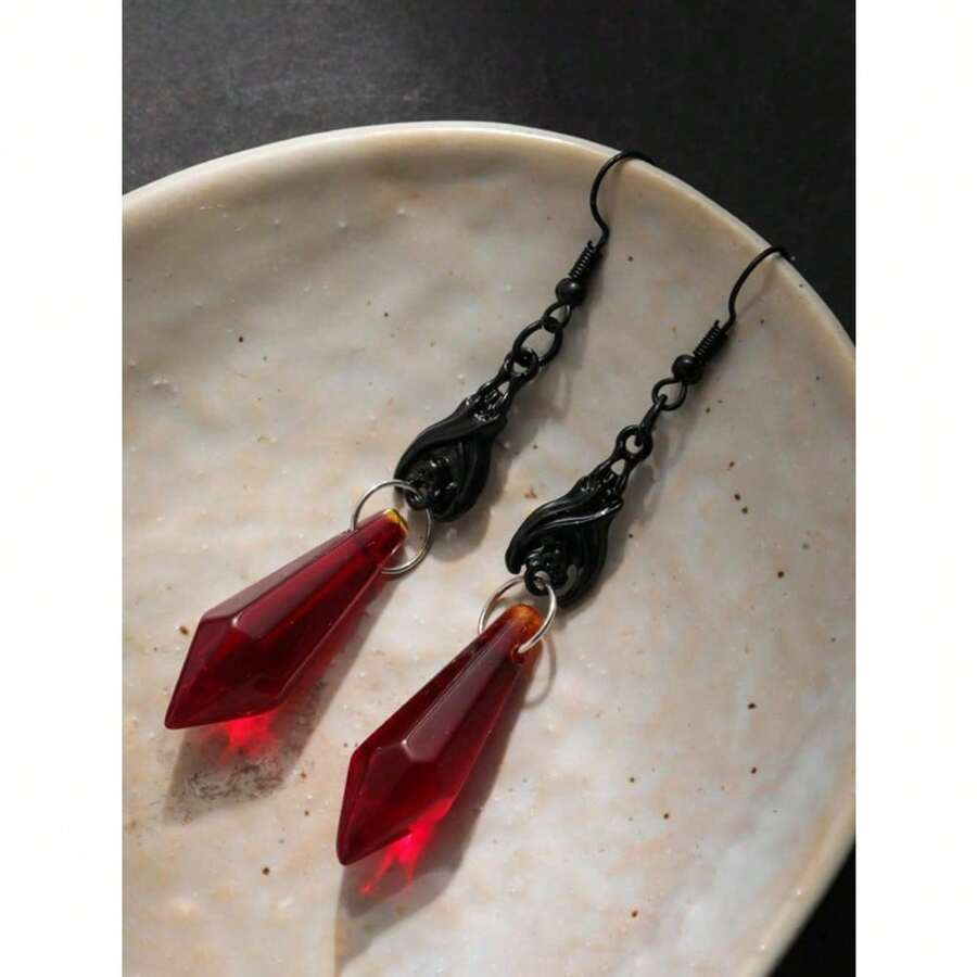 1 Pair Gothic Style Red Black Bat & Silver Palm Geometric Dangle Earrings, Fashionable For Halloween Party Or Any Occasion, Gifting - màu đen - Xem 1