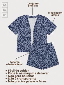 Plus Kimono And Printed Crepe Shorts Set - Màu xanh lam - Xem 3