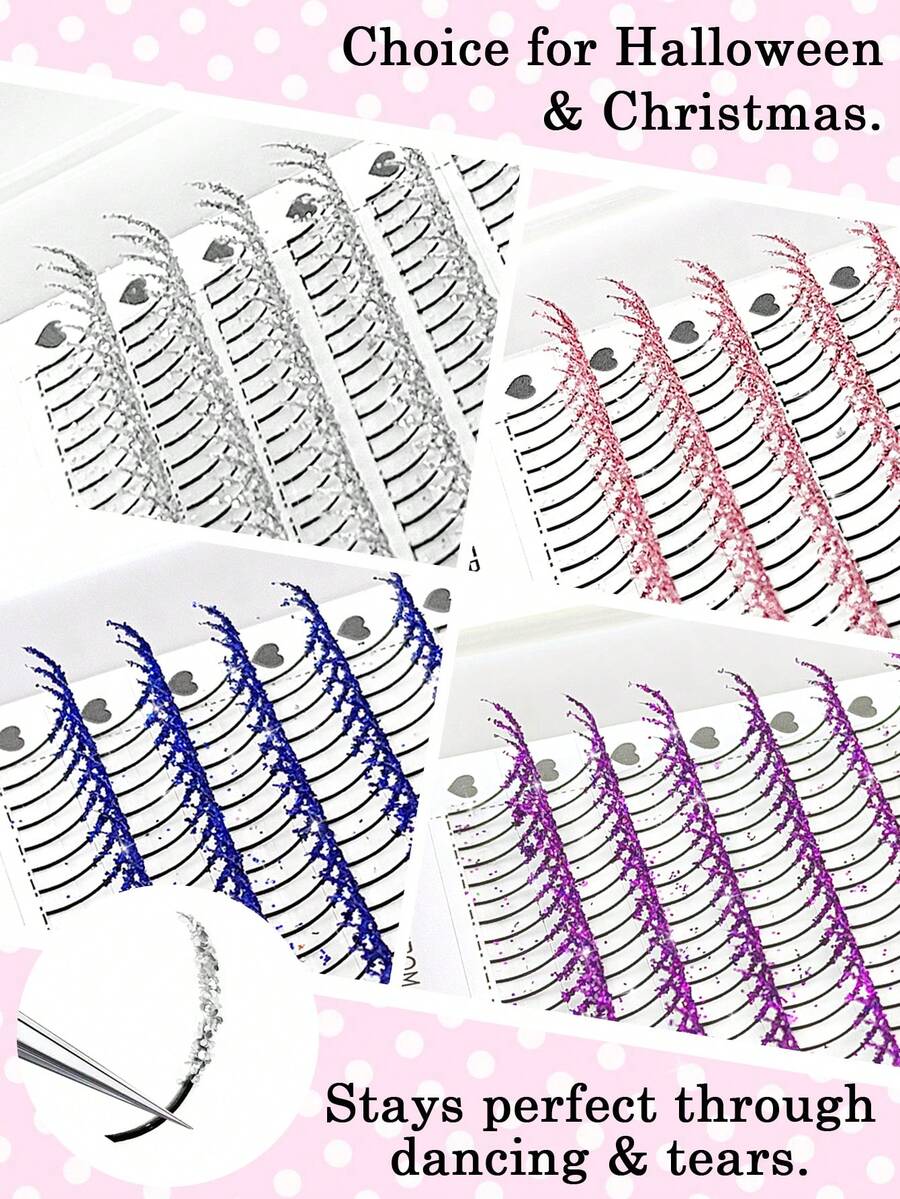 240Fans 粉色/蓝色/银色/紫色闪光睫毛延长混合8-15毫米柔软簇状纤细尖刺易于嫁接省时A/M形C/D卷曲选项适合沙龙使用