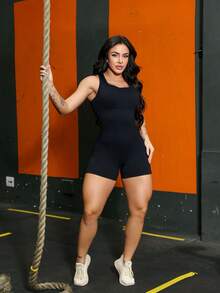 Seamless High Waist Ribbed Sports Gym Yoga Jumpsuit YI-60 - Black - View 3