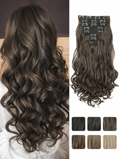 Clip In Hair Extensions 16 Inch 7 PCS Long Wavy Synthetic Dark Black Hair Extension & Natural Soft Invisible Clip Thick Hairpieces For Women Daily