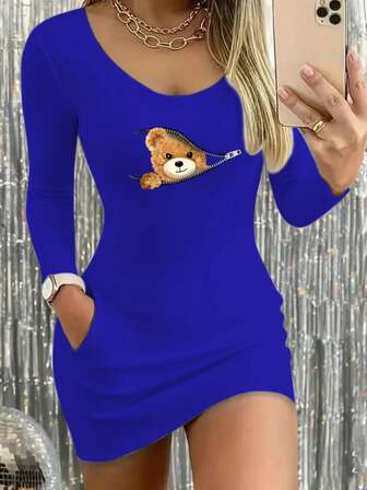 Björnmönster, svart långärmad klänning för lediga dagar, höst-/vinterkläder för dam