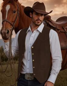Retro Men's Western Cowboy Suit Vest Slim Fit V Neck Suede Leather Dress Vests Vintage Prom Wedding Casual Waistcoat