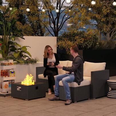 Outsunny 5 Piece Rattan Garden Furniture Set With Gas Fire Pit Table, 4 Seater Outdoor Sectional Sofa Set With Footstool And Removable Cushions, Modul
