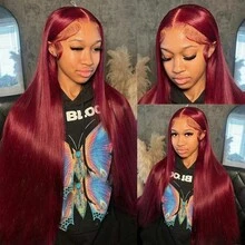 99J Colored Lace Front Human Hair Wigs Straight Burgundy 13x4 HD Transparent Full Lace Frontal Wig Red Glueless Wigs For Women - S99J - 查看 5